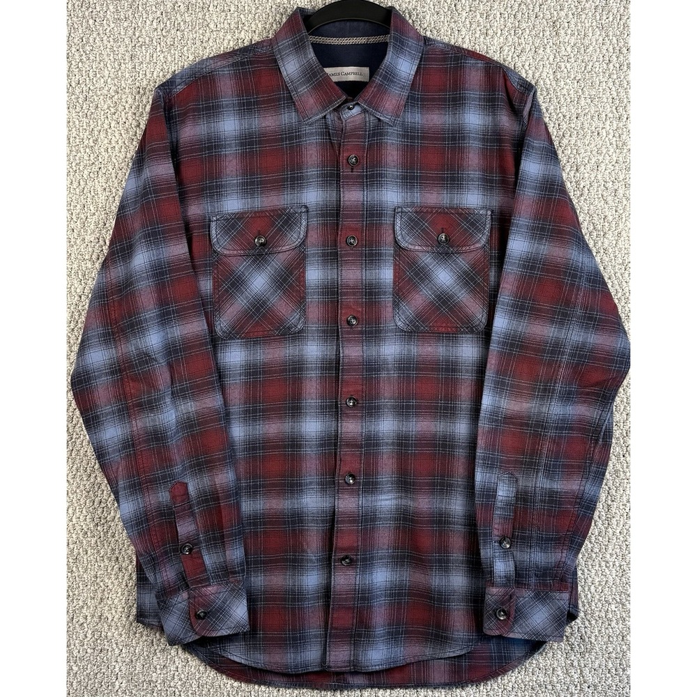James Campbell Mens M Plaid Flannel Shirt Red Gray Button Up Grunge Workwear